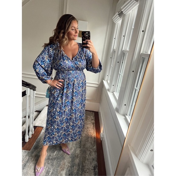 NWT J Crew Fete Floral Smocked Midi Dress Medium Blue Cottageore Preppy Vacation - Picture 4 of 15